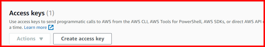 Picture showing the Create access keys button for creating the access keys